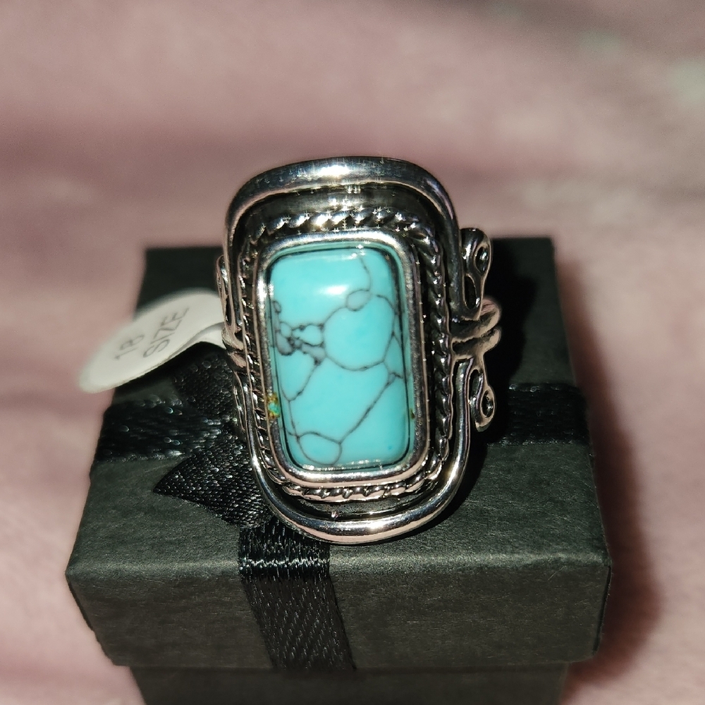 Stainless Steel Silver Turquoise Accent Ring - Blue - Picture 3 of 5